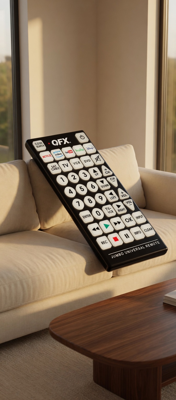 A comically huge QFX jumbo remote stretched across a living room sofa