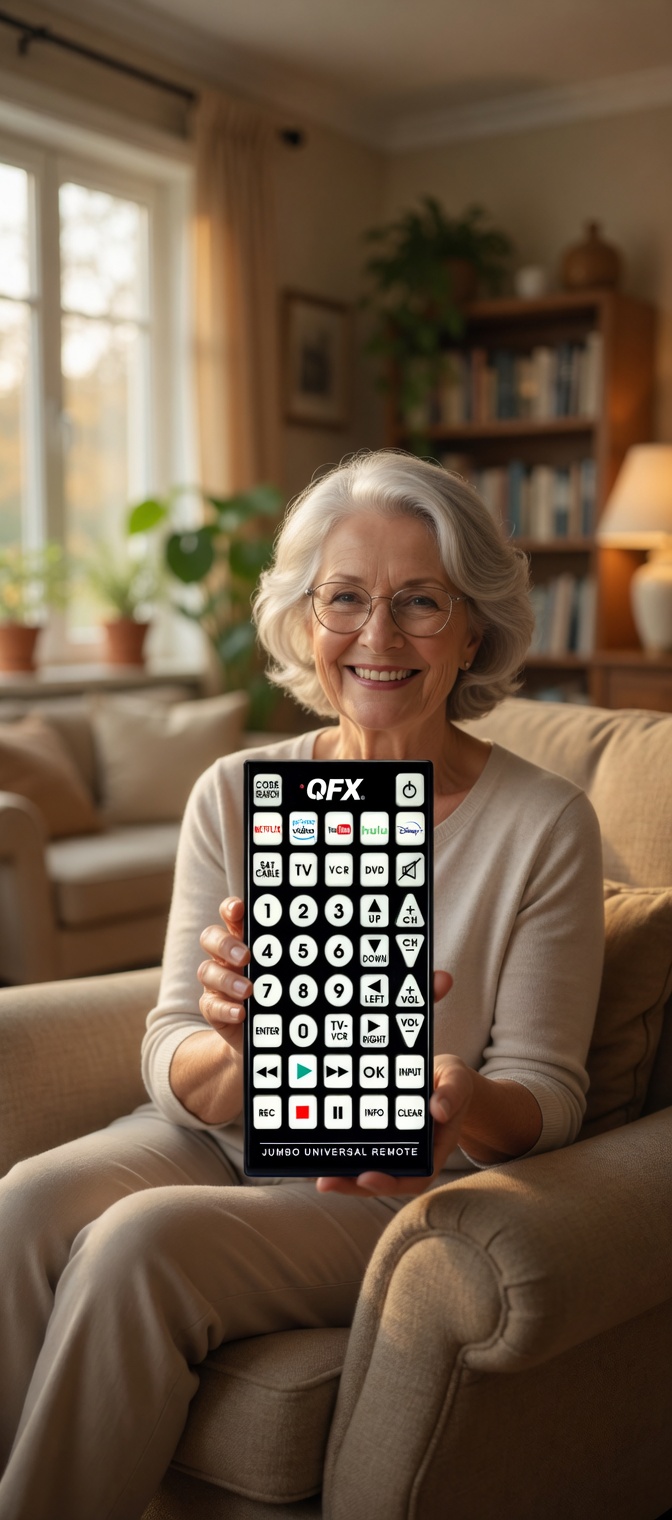 Smiling older woman holding the QFX jumbo remote in her living room